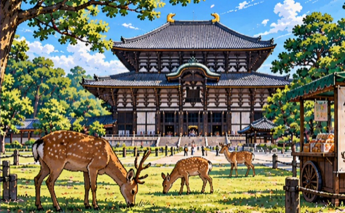 Deer in front of Tōdai-ji in Nara, in pixel art