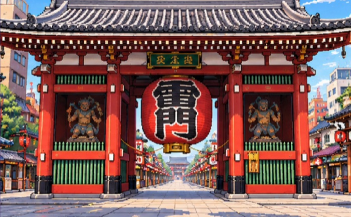 Kaminarimon gate in Asakusa, in pixel art