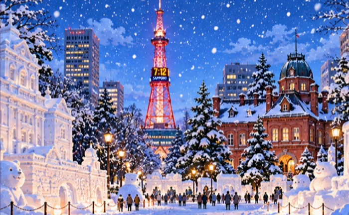 Sapporo at night in the snow, in pixel art